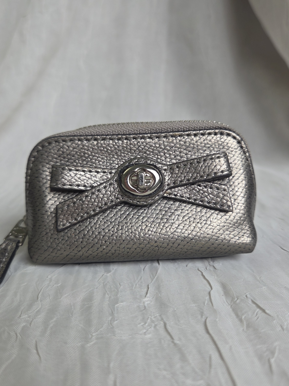 Coach Metallic Gunmetal/Silver Turnlock Bow Mini Pouch